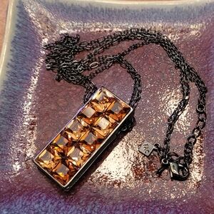 Black Pendant Chain Necklace with Amber Crystal Inset
